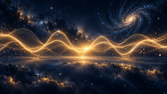 Golden sound waves flowing through a starfield, representing brainwave frequencies
